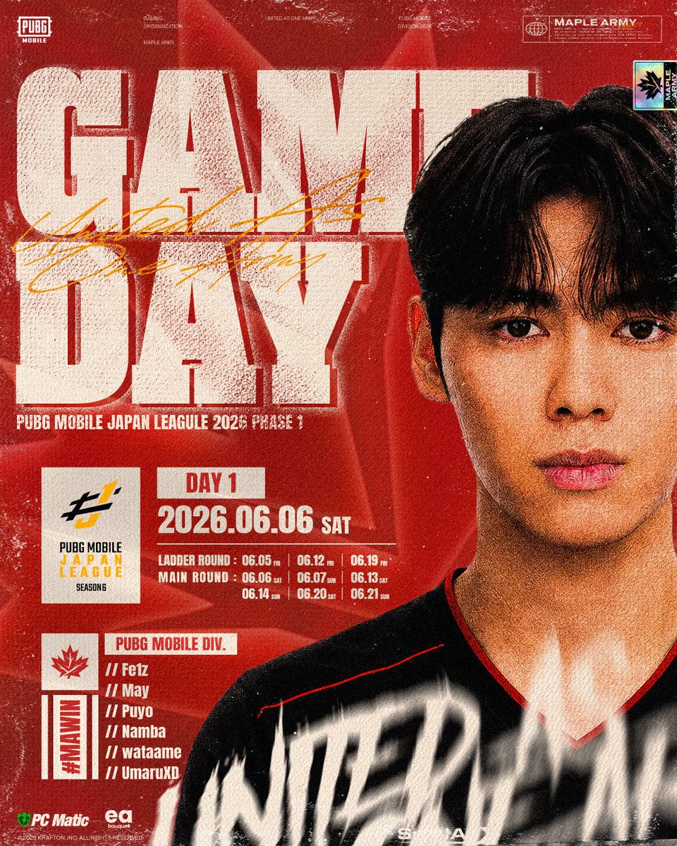 _MAPLE_ARMY's tweet photo. 🍁PMJL SEASON6 Phase1 - Day1
6/6(Sat) 15:00~

🍟@pubg_fe1z
🏢@hwb0813
📱@Puyo_lose
👑@sisMasterNeo
 
🎥Stream
https://t.co/2ix2oVEQYJ

#MAWIN #PMJL #PUBGMOBILE https://t.co/Sr8xtPpab6
