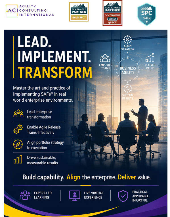 AgilityConsult2's tweet photo. Strong transformation outcomes require leadership, alignment, and implementation discipline.
Register for ACI’s upcoming live virtual SPC cohort.
📅 June 15-18 , 2026
✅ Live Virtual | Guaranteed to Run
https://t.co/9LKjDiZj4c
#SPC #ImplementingSAFe https://t.co/fpUQpcku3n