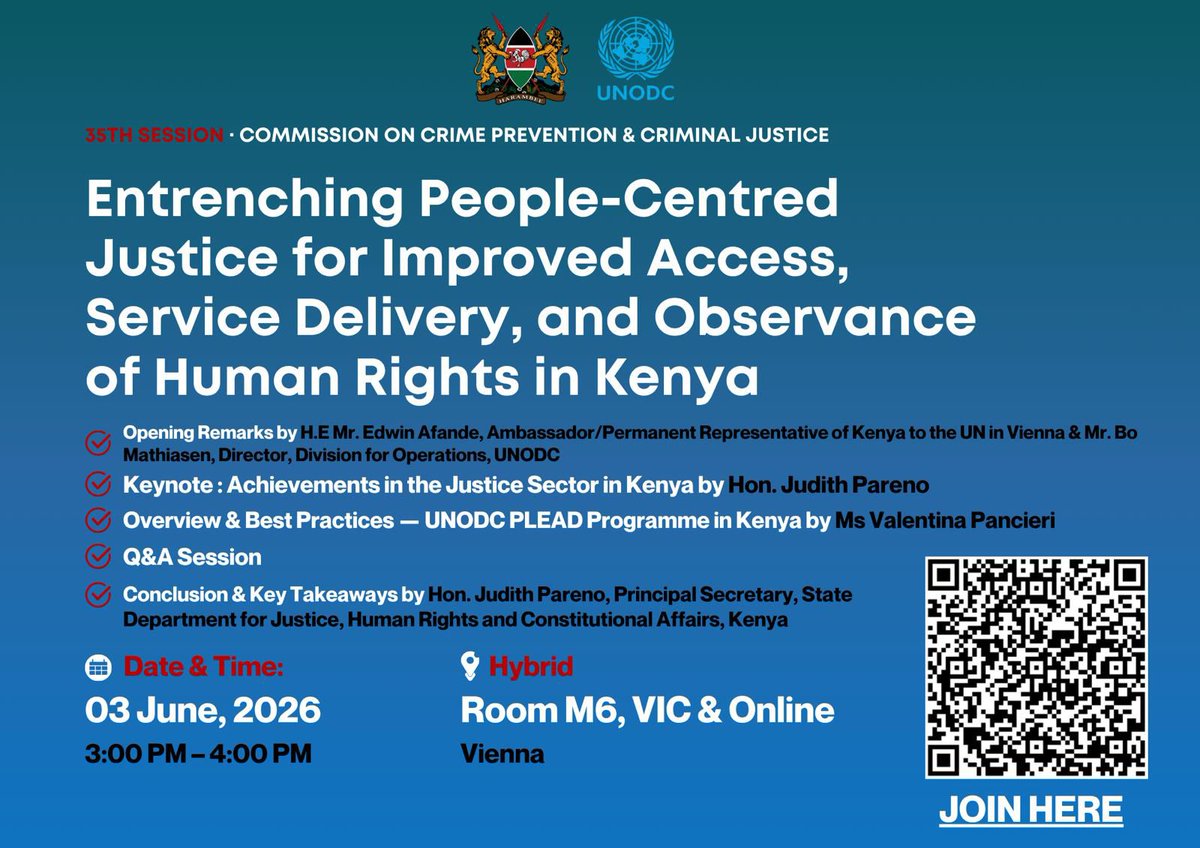 StateJusticeKE's tweet photo. 1/2 Kenya today hosted a high-level side event at the 35th Session of the Commission on Crime Prevention and Criminal Justice (CCPCJ) in Vienna on "Entrenching People-Centered Justice for Improved Access, Service Delivery and Observance of Human Rights." https://t.co/HrhsZdswCk