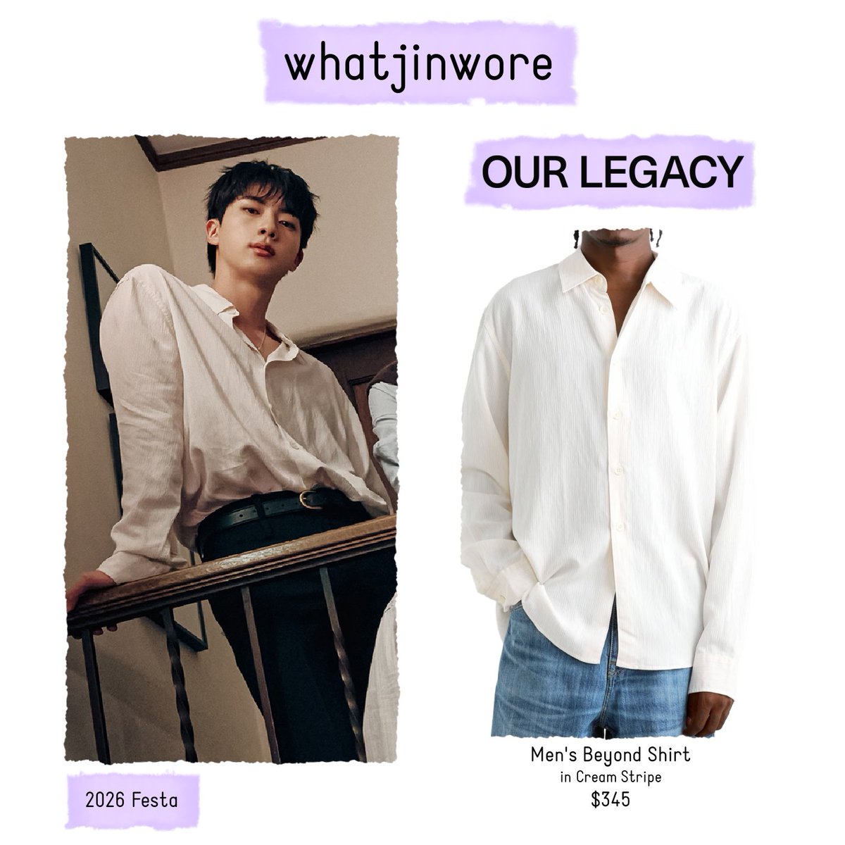 whatjinwore's tweet photo. What Jin Wore:  
• Men's Beyond Shirt by Our Legacy ($345)

📸: 2026 Festa https://t.co/Q6WOGbFohY