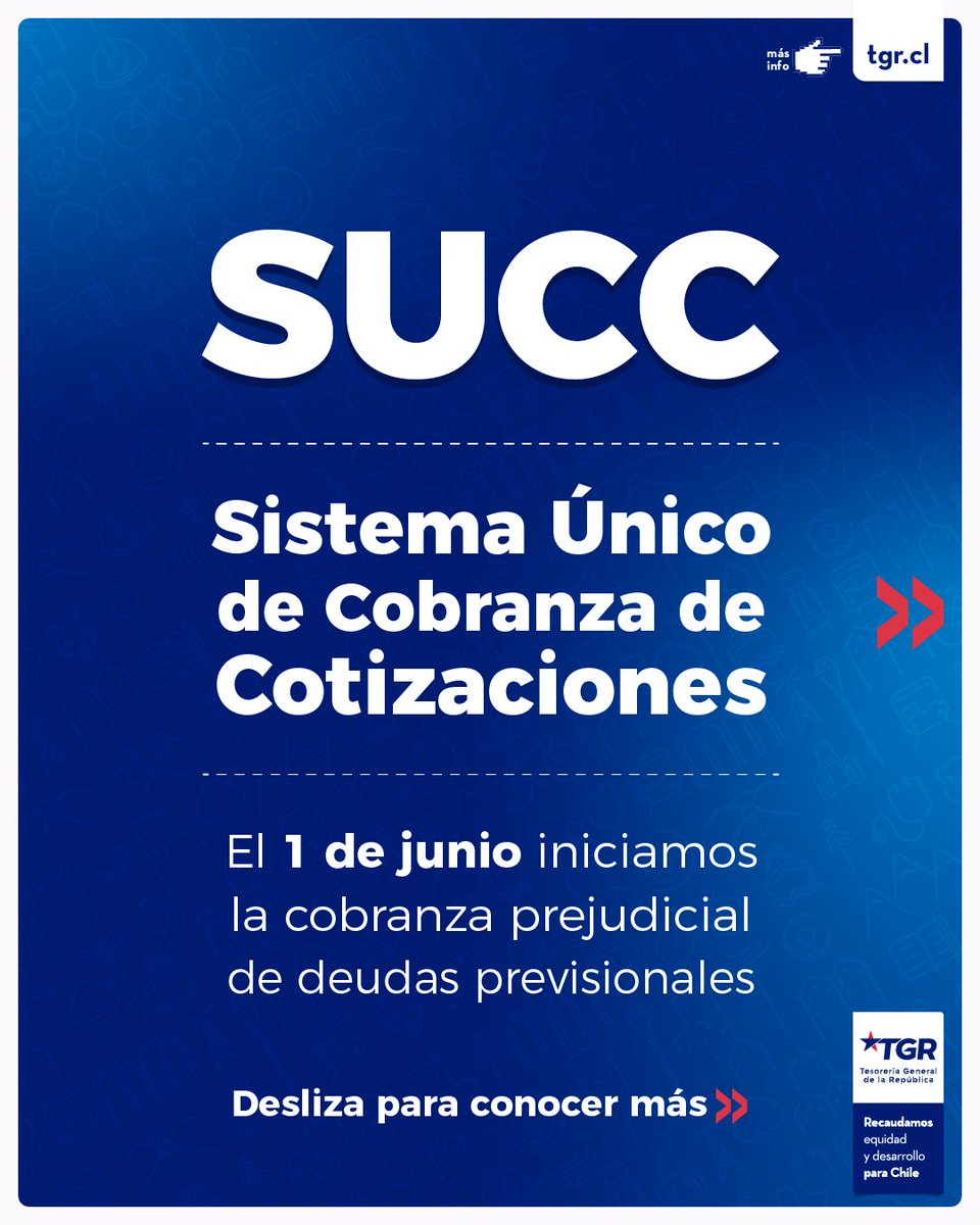 tgrchile's tweet photo. 🔎 A partir del 1 de junio, TGR asumió la gestión operativa de la cobranza prejudicial de deudas previsionales, en el marco del nuevo Sistema Único de Cobranza de Cotizaciones (SUCC). Revisa todos los detalles en https://t.co/ipM1V9ol9U ✅ https://t.co/x0g7VJvjX4