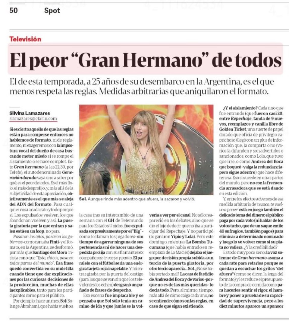 laschicasyyo's tweet photo. Clarín nombra a Solange Gomez como la participante más acomodada de toda la historia del formato 😱 #GranHermano https://t.co/tKHUKrxm0Q