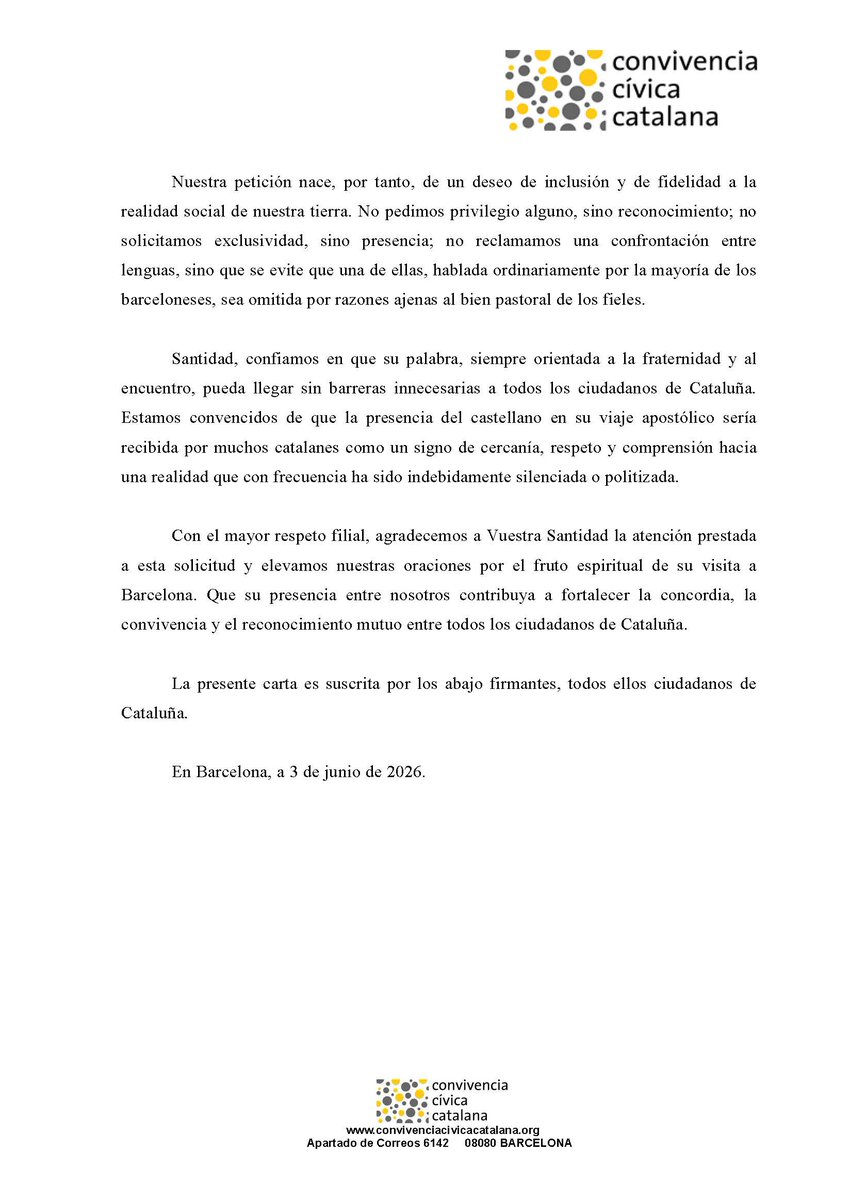 rubio_escolano's tweet photo. Convivencia Cívica Catalana, junto S'HA ACABAT y 734 catalanes que se han adherido a título individual remiten una carta al Papa pidiendo que no se rinda a los separatistas y use el castellano con normalidad en Barcelona, ya que es la lengua de la mayoría de los barceloneses. https://t.co/xRD8WUfyig