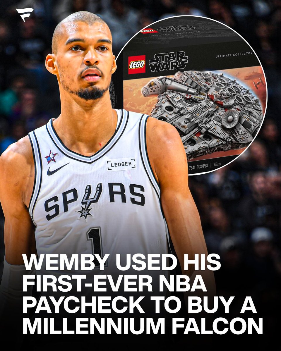 FanaticsCollect's tweet photo. Victor Wembanyama is one of us 👀

The Spurs superstar reportedly spent his first NBA paycheck on an $850 LEGO Star Wars Millennium Falcon set.

Wemby is a massive Star Wars fan. His favorite movie is Revenge of the Sith, he doesn’t count the sequel trilogy as Star Wars, and he owns a signed 1977 Topps Luke Skywalker card that cost $2,500.