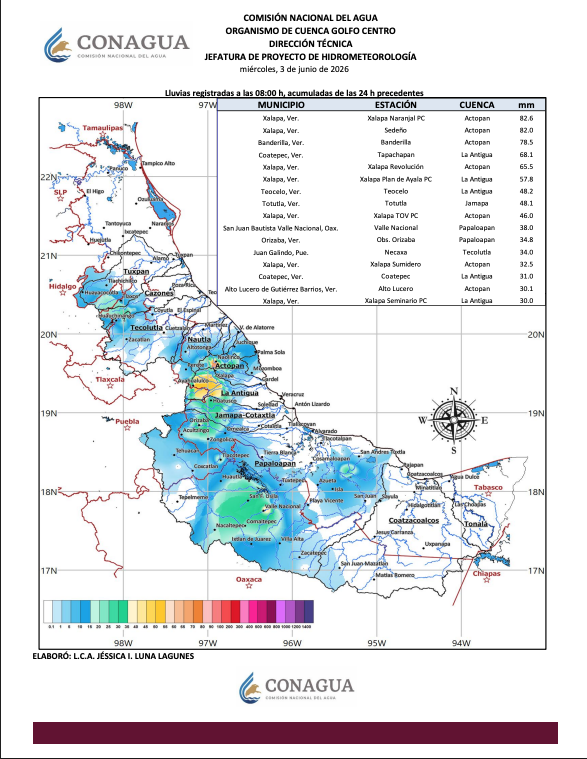 ConaguaOCGCtro's tweet photo. 🌧️ Registro de lluvias acumuladas    

Compartimos el registro de lluvias acumuladas durante las últimas 24 horas en la región Golfo Centro. Se mantendrá la vigilancia sobre los niveles de los ríos y las condiciones meteorológicas en la región.
 
⚠️ Consulta fuentes oficiales https://t.co/pxSuPiJ00V