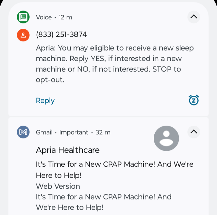 MostlyAnger's tweet photo. @ApriaHealthcare you're hilarious. You apparently forget how to bill my insurance for CPAP supplies and, instead of telling me, you just keep shipping and send the unauthorized bills to a 3rd party collector. Yet you spam me with texts and email to try to sell me a new machine.😂 https://t.co/YlfAg4RN6b