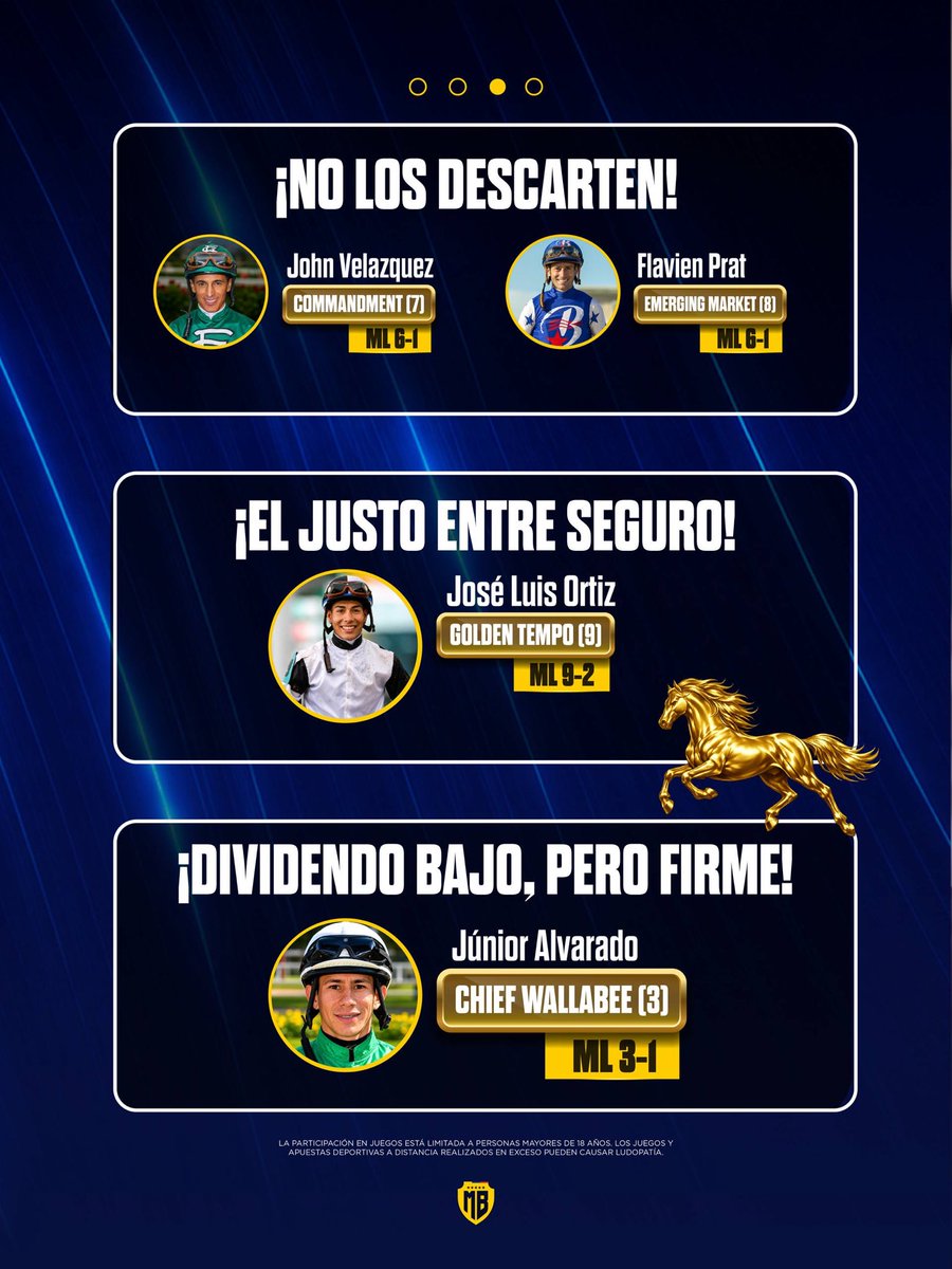 MasterBetsVe's tweet photo. 🐎 ¡Hora del Belmont Stakes! 🏆

La tercera carrera de la Triple Corona de Estados Unidos se disputará este sábado 📅 y, en esta oportunidad, repasamos el Morning Line 📊 para la prueba…

🤔 ¿Con cuál se quedan ustedes? https://t.co/l4cQA6DfVM