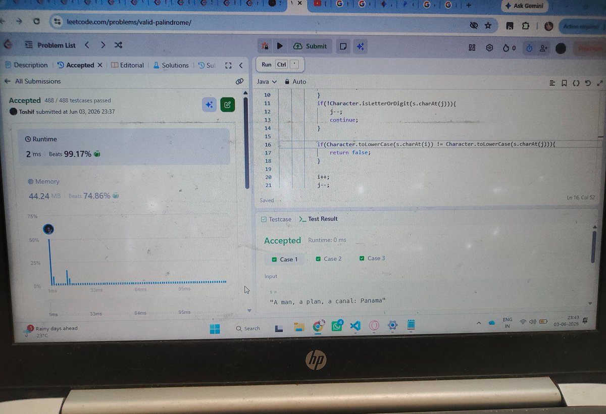 toshifdotdev's tweet photo. Crushed Valid Palindrome on LeetCode with a sweet 2ms runtime.🏆💻

But learning doesn't stop there—officially kicking off the DevOps journey by diving into VMs with the 100xDevs cohort! ☁️🛠️

The hustle continues. 💯🔥

#Java #DSA #LeetCode #DevOps #100xDevs #BuildInPublic https://t.co/MWSiHMU6QO