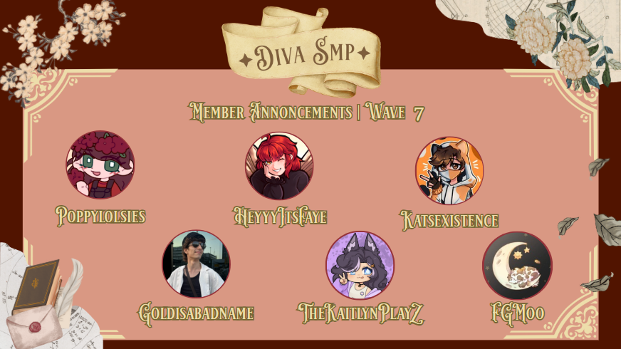 DivaSMP_'s tweet photo. 🚨WAVE 7 OF DIVA SMP MEMBERS🚨

This is the last of our members, Welcome to the SMP!!!

@poppylolsies @_HeyItsFaye_ @katsexistence @goldsabadname @TheKaitlynPlayz @FGmoo_ https://t.co/rQRn4IMFaM