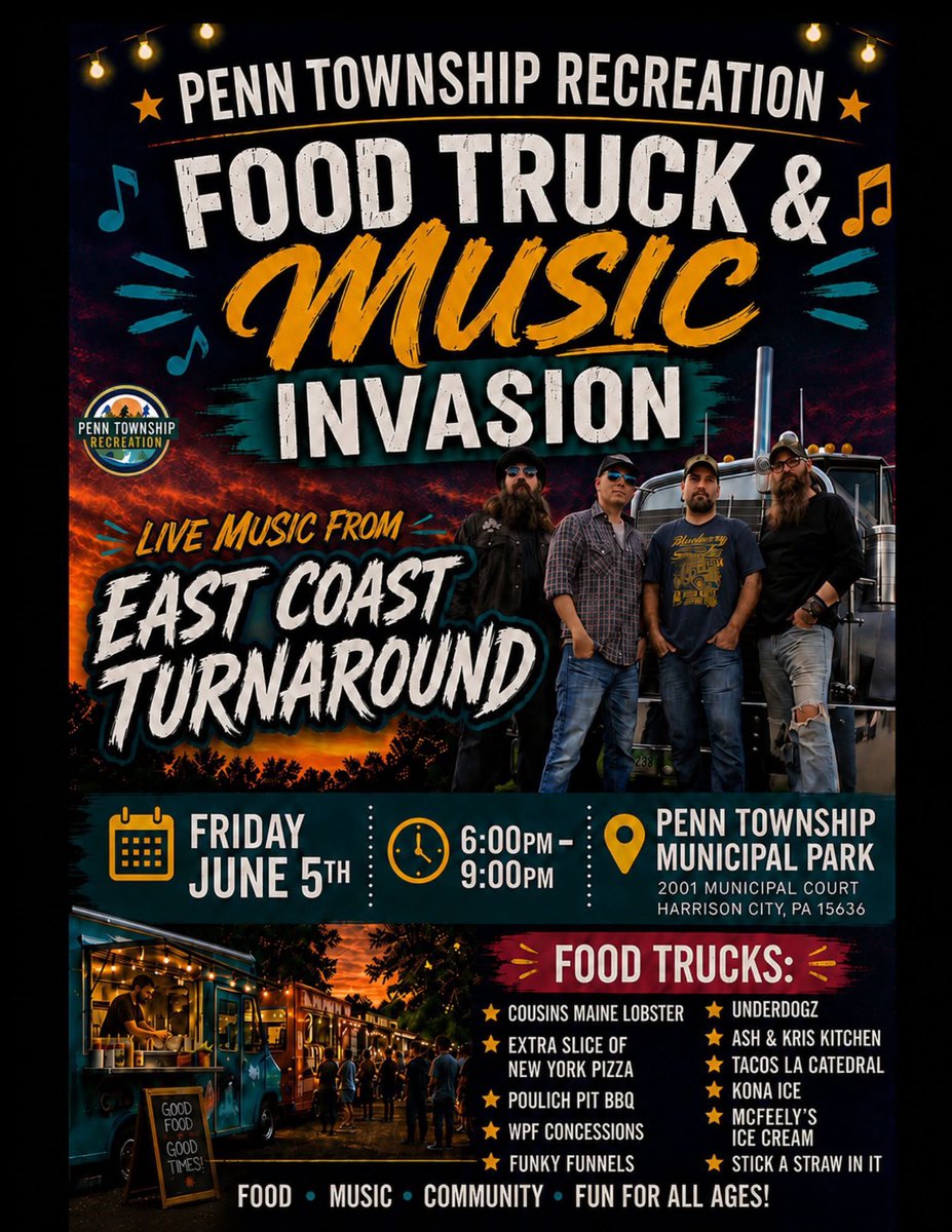 ectband's tweet photo. This Friday (June 5) join us at the Municipal Park in Harrison City for Penn Township Recreation’s Food Truck &amp; Music Invasion Night. https://t.co/fMJKYs0tJ4
