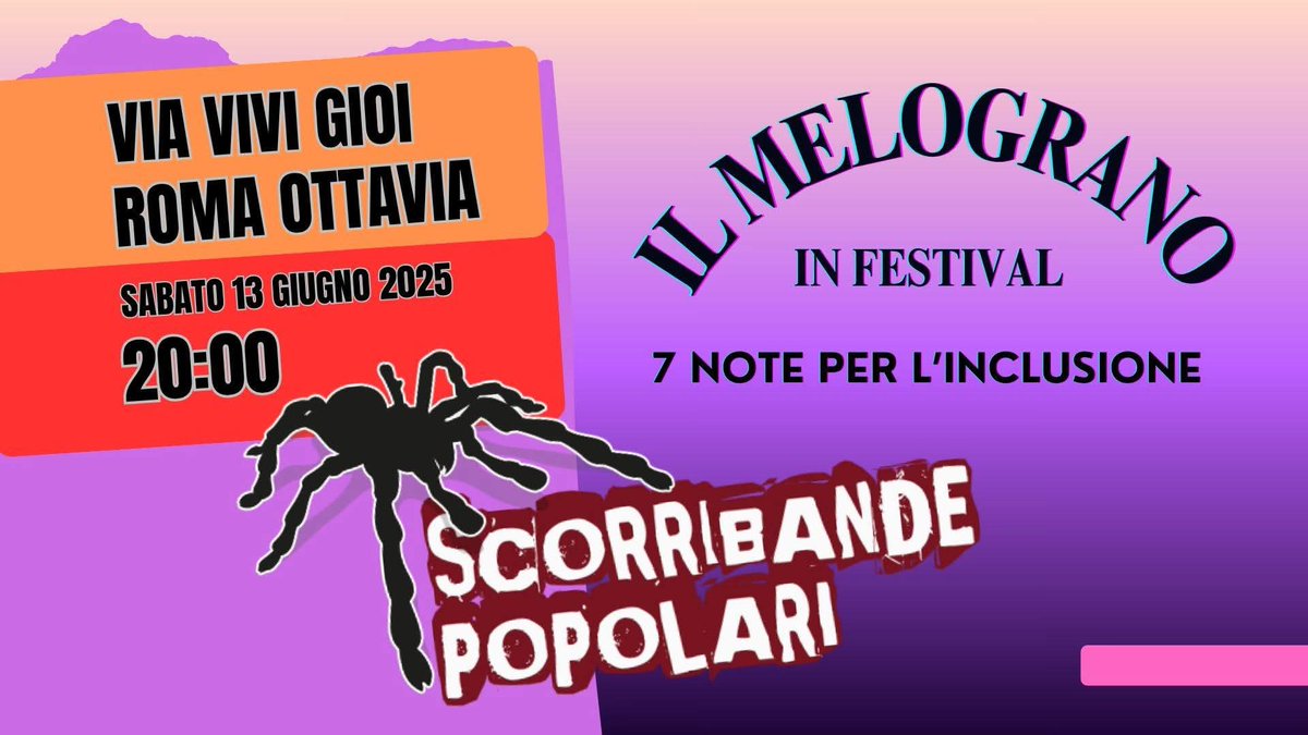 Scorribande's tweet photo. Scorribande Popolari @ Melograno in Festival - 7 note per l'inclusione
Sabato 13 Giugno 2026 - via Vivi Gioia, Roma Ottavia
#Pizzica #Tammurriata #Tarantella #Saltarella #DanzaPopolare #DanzePopolariRoma
Tutte le info ๐
https://t.co/5rxXHvCuDg https://t.co/rgwspj7mSD