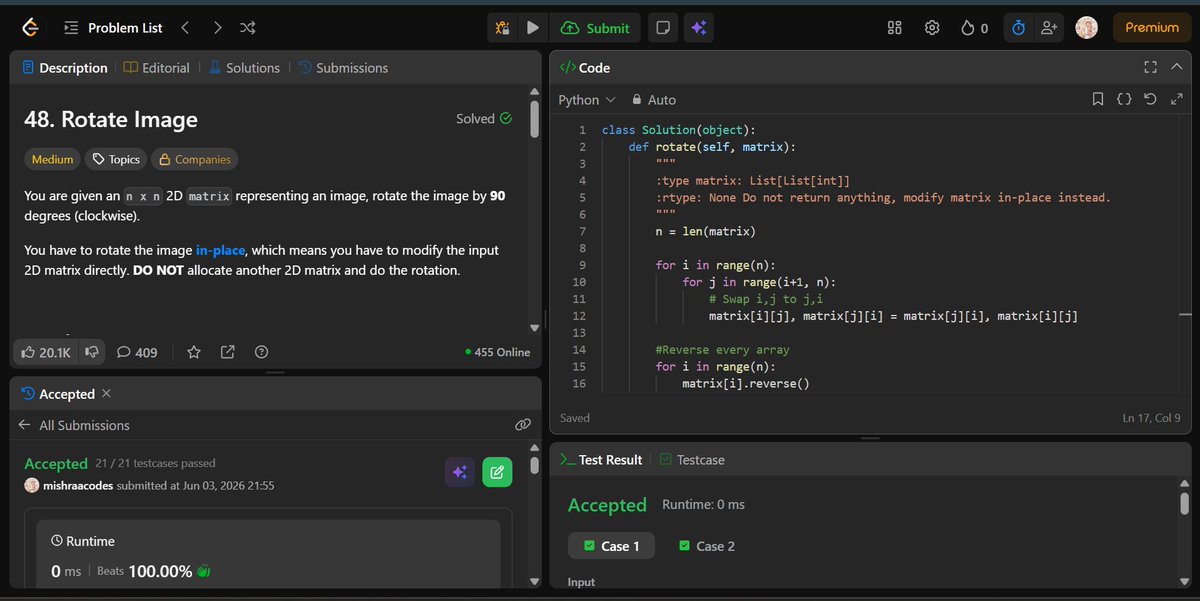 Sumitrmishraa's tweet photo. 🚀 Day 3 of #SDESheetChallenge
Solved:
✅Rotate Matrix by 90° 
✅Merge Overlapping Intervals
✅Merge Two Sorted Arrays Without Extra Space

💯Today's Learnings:
• Matrix manipulation
• Interval merging patterns
• Space optimization
3 days down, 42 to go.🚀

@takeUforward_ https://t.co/TqgtvIiUNG