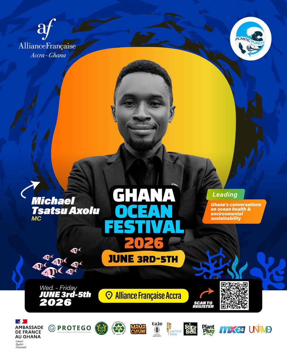 AF_Accra's tweet photo. 🎤 Meet Our MC!

We are excited to have Michael Tsatsu Axolu as the MC for the Ghana Ocean Festival 2026.

Join us from June 3rd–5th at Alliance Française Accra as we lead Ghana’s conversations on ocean health and environmental sustainability. https://t.co/6KEvi0v4be