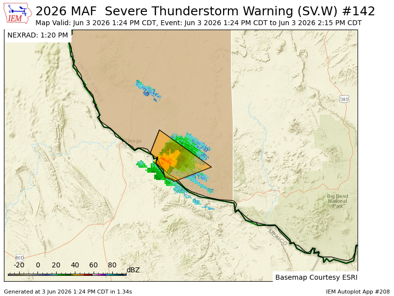 TexasStormAlert's tweet photo. MAF issues Severe Thunderstorm Warning [wind: 60 MPH (RADAR INDICATED), hail: 1.00 IN (RADAR INDICATED)] for Presidio [TX] till 2:15 PM CDT https://t.co/LoqOEh5joV https://t.co/x0yetgWdMv