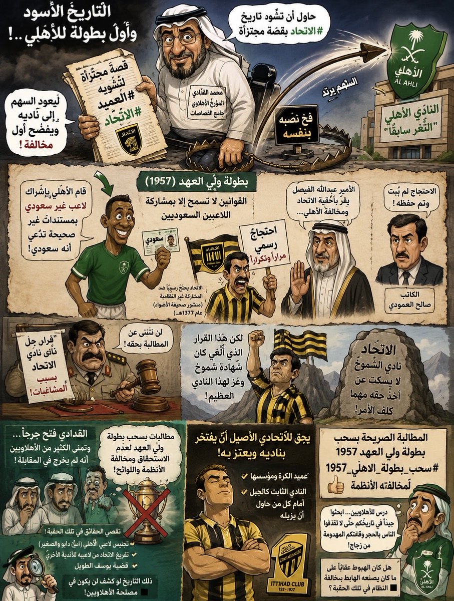 NmrBn9's tweet photo. التاريخ الأسود وأول بطولة للأهلي..!

تخيل أن تفقع عينك بيديك؟ أو أن تحاول تشويه جارك فتجد أن الفضيحة ارتدت عليك وأصبحت في بيتك!

هكذا صنع محمد القدادي، أو ما يصف نفسه بالمؤرخ الأهلاوي أو جامع "القصاصات"، حينما حاول أن يشوه تاريخ #الاتحاد ببث قصة مجتزأة لمحاولة تشويه #العميد، ثم يجد نفسه يقع في فخ نصبه بنفسه، ليرتد السهم الذي قذف به ويعود لناديه #الأهلي.!!

ليفضح أول ممارسة غير نظامية في تحقيق بطولة غير مستحقة للنادي الأهلي "الثغر سابقًا"، وهي بطولة ولي العهد عام 1957، حينما كانت قوانين البطولة لا تسمح إلا بمشاركة اللاعبين السعوديين فيها، حيث قام الأهلي بإشراك لاعب غير سعودي بمستندات غير صحيحة تدعي أنه سعودي، فقام الاتحاد بالاحتجاج رسميًا مرارًا وتكرارًا ضد مشاركة اللاعب غير النظامية (منشور صحيفة الأضواء عام 1377هـ). 

ورغم أحقية الاتحاد الواضحة في الاحتجاج، باعتراف كامل من الأمير عبدالله الفيصل في مقابلته مع الكاتب صالح العمودي، ومخالفة الأهلي الصريحة، إلا أنه لم يُبت في الاحتجاج وتم حفظه. وعندما أصر #الاتحاد، هذا النادي الشامخ العظيم، على أخذ حقه، صدر قرار بمسببات مضحكة "المشاغبات" لحل النادي، لمحاولة ثنيه عن المطالبة بحقه، ولكن هذا القرار الذي أُلغي كان شهادة شموخ وعز لهذا النادي العظيم، ومثالًا حيًا على عدم صمته عن أخذ حقه مهما كلف الأمر..!

إن القدادي بهذا الطرح فتح جرحًا حاول الأهلاويون تغطيته، لكنه اثبت التاريخ الأسود لهم، وأصبح الكثير من الأهلاويين يتمنى أن القدادي لم يخرج في المقابلة، حيث أصبحت كثير من الأصوات تطالب بسحب بطولة ولي العهد من النادي الأهلي لعدم استحقاقه لها لمخالفته الأنظمة واللوائح. بل إن الكثير من الرياضيين بدأوا في تقصي الحقائق في تاريخ تلك الحقبة، بداية من تجنيس لاعبي الأهلي "أمين دابو والصغير"، وتفريغ الاتحاد من لاعبيه للأندية الأخرى، وقضية يوسف الطويل. 

ذلك التاريخ لو كُشف لن يكون في مصلحة الأهلاويين الذين يعرف بعضهم عز المعرفة ماذا كان يُدار في تلك الفترة الزمنية الـ ⬛️

ختامًا:
- يحق للاتحادي الأصيل أن يفتخر بناديه، وأن يعتز به وبتشجيعه والانتماء له، كيف لا وهو عميد الكرة ومؤسسها، والنادي الثابت كالجبل أمام كل من حاول أن يزيله🔥🔥

- يجب مناقشة المطالبة الصريحة من الجماهير  بسحب بطولة ولي العهد 1957 #سحب_بطولة_الاهلي1957 لمخالفته الأنظمة 👍

- الخبر كان درس للأهلاويين الذين تراقصوا فرحًا بمقطع القدادي ليرتد عليهم، حيث يجب على الأهلاوي أن يبحث جيدًا في تاريخه حتى لا يقذف الناس بالحجر وقلعته المهدومة من "زجاج" ، بداية من أول بطولة حققها إلى زمن الذات العام وإحضار يونس محمود بمهنة "مزارع"..!

- السؤال المطروح هل كان الهبوط عقابًا عن ما كان يصنعه الهابط بمخالفته النظام في تلك الحقبة؟

لن ينسى الاتحاديين تلك الاهزوجة الخالدة ومعانيها وتاريخها حينما ردد المدرج الاتحادي الكبير:

قدرة الله قوية..والاتي غالي عليا 💛🖤

نمر بن همام 

#خروج_سندي_مطلب_جماهيري7