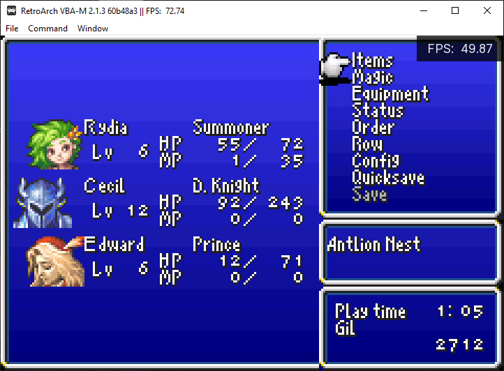 Lockerdown3's tweet photo. Antlion downed. He's the first longer fight imo, since once Rydia runs out of MP Cecil is your main offense and he's only doing roughly 30 a swing so it takes a bit. Quicksaving to avoid encounters on the way is key to avoiding losing a bunch of money as well. https://t.co/OmpCoKTpQo