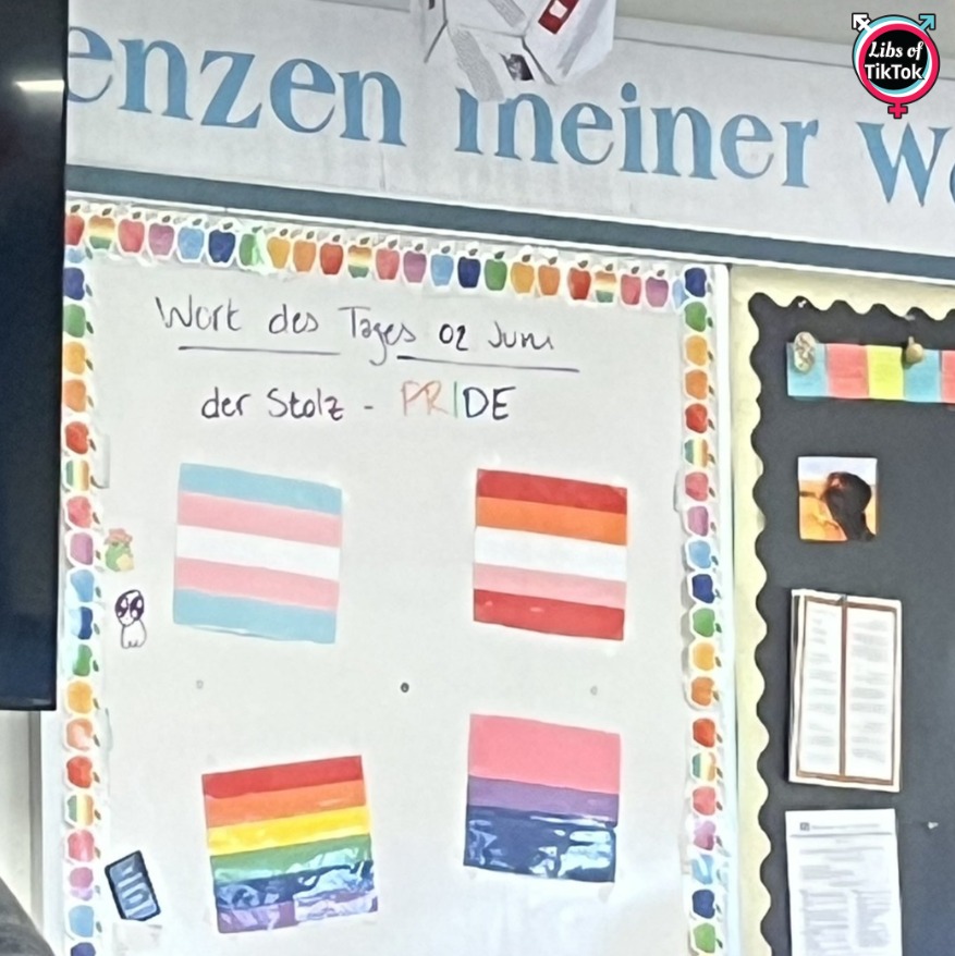 libsoftiktok's tweet photo. INBOX: Language class at @SalisburySchool High School in PA has gender mutilation flags posted in the classroom as part of a "word of the day" board.

A source tells me that this display has been up for years and it's making numerous students uncomfortable.

Schools are trans grooming centers.