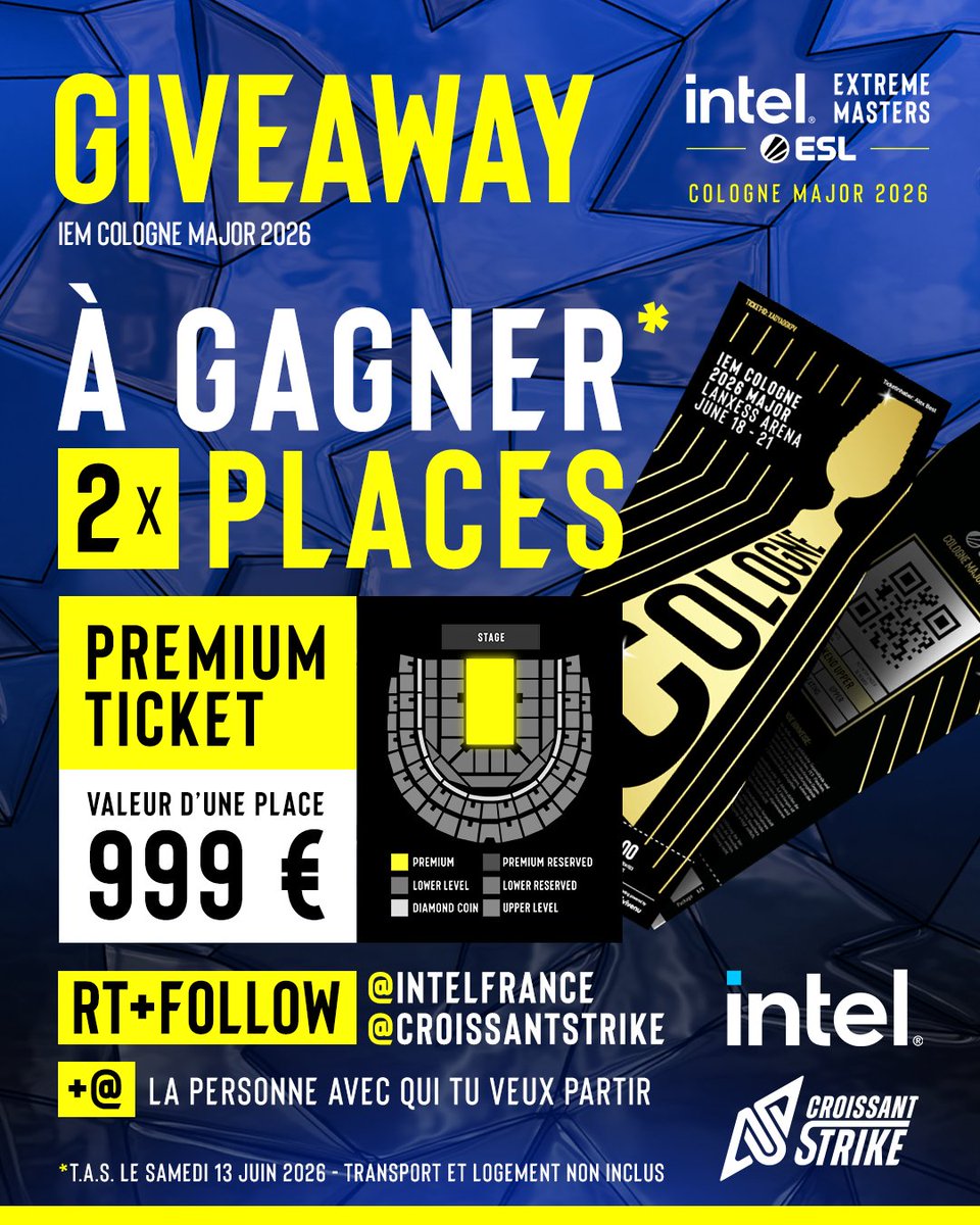 CroissantStrike's tweet photo. 🚨 L’ÉVÉNEMENT À NE PAS MANQUER ! 🤩

Avec Intel, on vous fait gagner 2 places Premium pour les Playoffs du Major de 🇩🇪 Cologne ! 🎁🎟️🎟️

👥 Suivez @IntelFrance et notre compte
🔁 RT ce post
🗨️ Taguez la personne avec qui vous voulez partir

🗓️ Tirage au sort le 13 juin