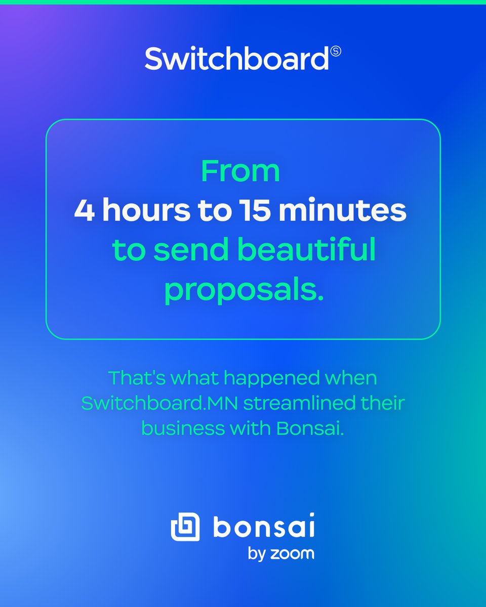 Zoom's tweet photo. How does a consultancy scale efficiently? 
https://t.co/FkLlIyyzW7 found the answer with Bonsai.   

⏱️ From 4-hour proposals to 15-minute turnarounds. 
💬 From scattered emails to centralized communication. 
🤖 From manual invoicing to complete automation.  

The result? A thriving 15-person team with streamlined operations since 2017.  

Swipe to see the numbers that matter. 📊  

Learn more about Bonsai: https://t.co/uwNbbzmx7N