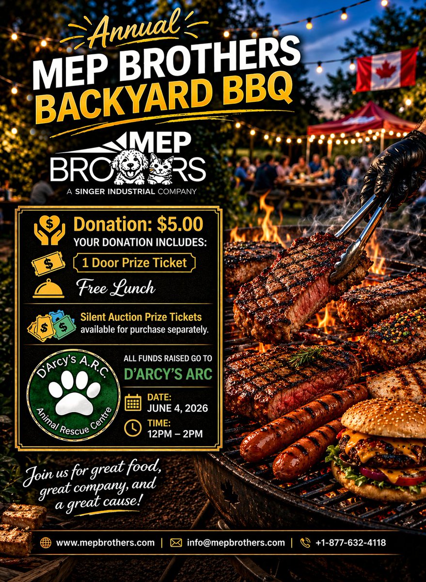 mepbrothers's tweet photo. 🔥 Tomorrow! Join MEP Brothers' Annual Backyard BBQ supporting D'Arcy's Animal Rescue Centre (ARC).

$5 donation includes:
🌭 Free Lunch
🎟️ 1 Door Prize Ticket
📅 June 4
⏰ 12 PM–2 PM
Great food. Great people. Great cause.

📧 info@mepbrothers.com
🌐 https://t.co/Gl19pzJQqB https://t.co/s8O0ey4cyi