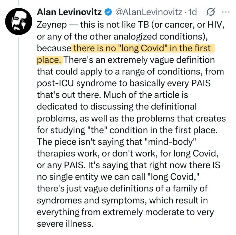_CatintheHat's tweet photo. According to @AlanLevinovitz, there is no such thing as “long Covid” because it encompasses a range of conditions.

Yes, it DOES encompass a range of conditions affecting many body organs.

But that’s like saying “there is no Cancer” because it can affect many different organs. https://t.co/anCpUbzxU4