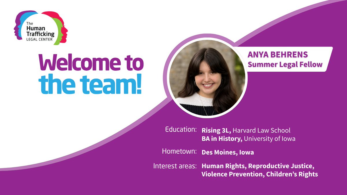 HTLegalCenter's tweet photo. Meet Anya Behrens, Summer Legal Fellow and @EqualJusticeAm Fellow at the Human Trafficking Legal Center! Anya is a rising 3L @Harvard_Law, with a strong commitment to #HumanRights &amp; #ViolencePrevention. Welcome, Anya! #LawStudent #HumanTrafficking https://t.co/aRLretPkDR https://t.co/gYwVGMJEWZ