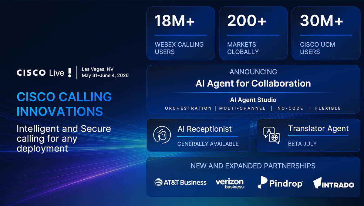 GoCollaboration's tweet photo. Cisco Live 2026: Advancing Cisco Calling with AI, Hybrid ... https://t.co/dN5PMydqyy https://t.co/G0hus0sEjS