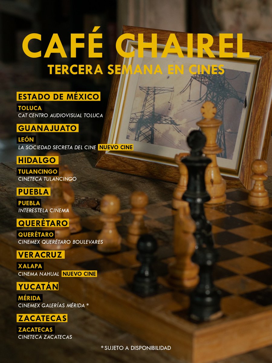 BenucaFilms's tweet photo. ¡Tercera semana en cines! 🎬 Gracias a cada uno de uds que aún busca la película, llena las salas y recomienda #CaféChairel

Si no la has visto o quieres volver a vivirla, te compartimos la lista de cines a partir de hoy, miércoles 3 de junio y hasta el martes 9 de junio. 🍿

Además, entramos a nuevos cines: @FilmotecaUNAM, La Sociedad Secreta del Cine #León y @CinemaNahual #Xalapa

Compra tus boletos aquí: https://t.co/bHIzHmfts5 ☕