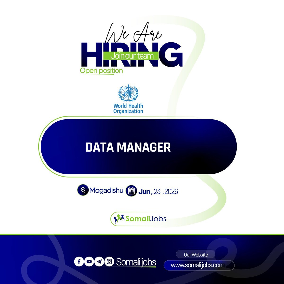 Somalijobs's tweet photo. World Health Organization (WHO) 
Data Manager #Somalijobs 
https://t.co/TOKcio6c57 
Deadline: 23/Jun/2026 https://t.co/gD6V7EomiE