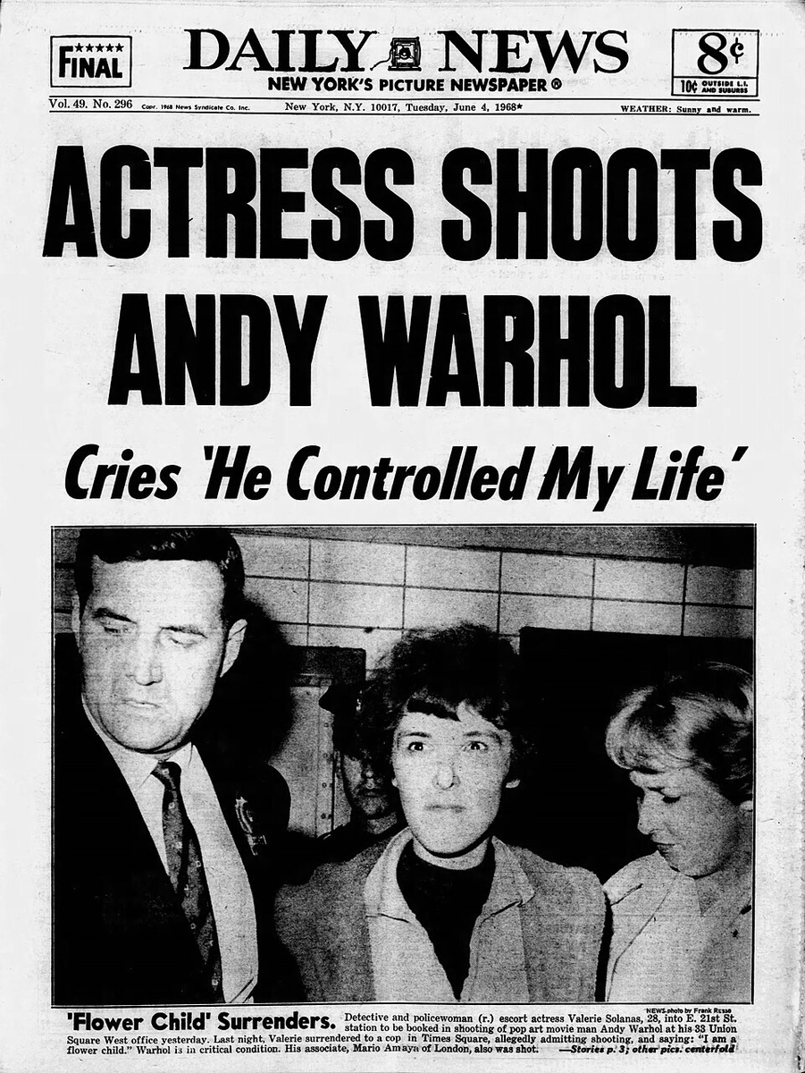 nickgillespie's tweet photo. In 1960, Norman Mailer stabbed his second wife Adele, after a party at which he announced his run for mayor of NYC (!); figures such as James Baldwin & Lionel and Diana Trilling made excuses for him. On June 3, 1968, Valerie Solanas shot and almost killed Andy Warhol, was declared mentally unfit to stand trial for murder, and was treated as a serious political thinker by Ti-Grace Atkinson. 
Political violence in NYC in the '60s. 
HT @DarrellEpp, whose account shows the  NY Post's coverage of Warhol shooting.