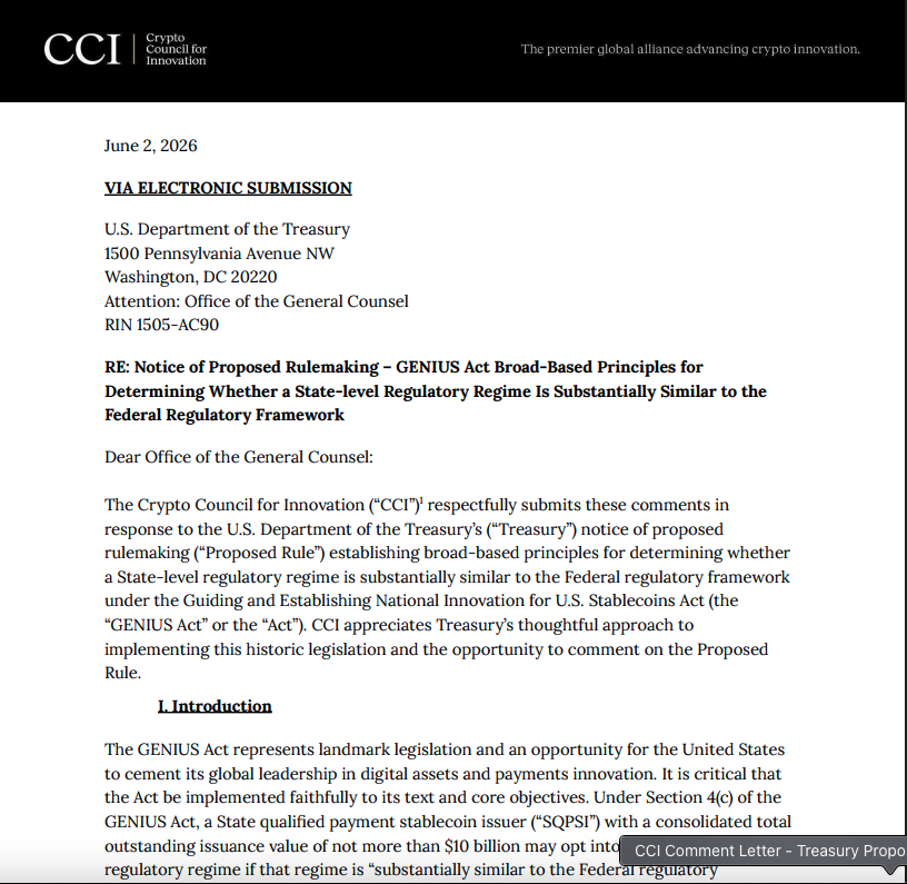 crypto_council's tweet photo. Yesterday, CCI filed a comment letter on @USTreasury's proposed rule establishing the broad-based principles for determining whether a State’s stablecoin regime is substantially similar to the federal framework under the GENIUS Act. Key points ⬇️ https://t.co/TQGTVggIlj