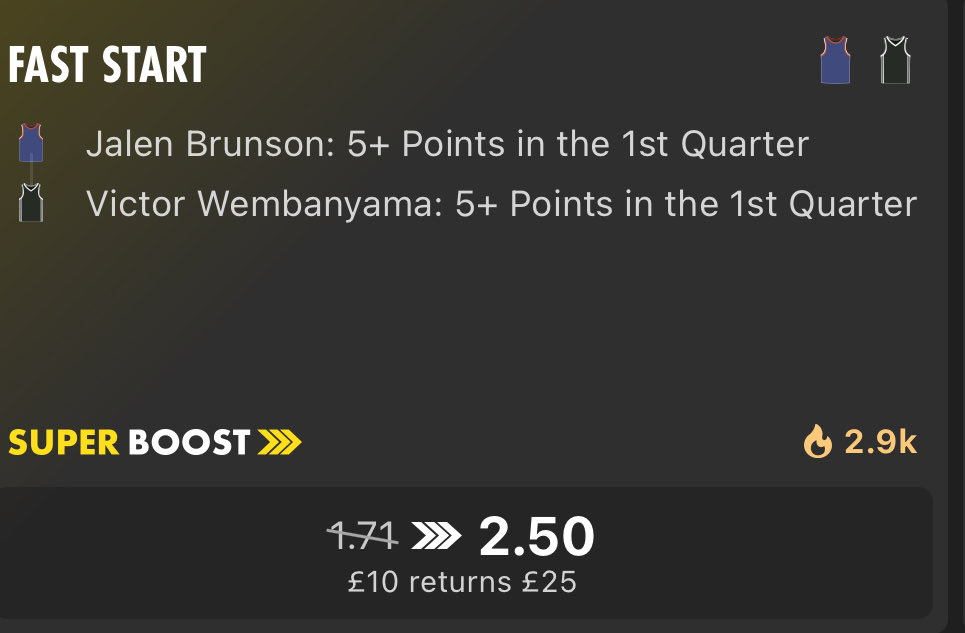 SamGillyy's tweet photo. NBA Finals Superboost - Value? 

This NBA Finals Superboost is boosted from 8/11 (1.72) to 6/4 (2.50). Unfortunately exchanges don’t currently offer this exact market, so we’ll have to rely predominantly on the underlying data to determine whether there’s value in the price.

Both Jalen Brunson & Victor Wembanyama are the talismen for the NY Knicks & SA Spurs respectively. Jalen Brunson looks the far more reliable leg of the two, landing 5+ points in the 1st Quarter in 13/14 playoff matches this postseason (92.8% Hit Rate):
7 points vs CLE Cavaliers ✅
5 points vs CLE Cavaliers ✅
2 points vs CLE Cavaliers ❌
10 points vs CLE Cavaliers ✅
11 points vs PHI 76ers ✅
5 points vs PHI 76ers ✅
9 points vs PHI 76ers ✅
14 points vs PHI 76ers ✅
9 points vs ATL Hawks ✅
8 points vs ATL Hawks ✅
7 points vs ATL Hawks ✅
11 points vs ATL Hawks ✅
5 points vs ATL Hawks ✅
19 points vs ATL Hawks ✅

Brunson has also landed this angle in all 3/3 H2H meetings against the Spurs this season:
11 points ✅
11 points ✅
9 points ✅

Victor Wembanyama is where the variance likely lies in this Superboost and probably where Bet365 are targeting. Wemby has landed 5+ points in the 1st Quarter in 10/16 playoff matches this postseason (62.5% Hit Rate):
5 points vs OKC Thunder ✅
11 points vs OKC Thunder ✅
2 points vs OKC Thunder ❌
11 points vs OKC Thunder ✅
7 points vs OKC Thunder ✅
3 points vs OKC Thunder ❌
6 points vs OKC Thunder ✅
4 points vs MIN Timberwolves ❌
18 points vs MIN Timberwolves ✅
4 Points vs MIN Timberwolves ❌* 
9 points vs MIN timberwolves ✅
2 points vs MIN Timberwolves ❌
2 points vs POR Trailblazers ❌
7 points vs POR Trailblazers ✅
5 points vs POR Trailblazers ✅
12 points vs POR Trailblazers ✅

Wembanyama has also landed this angle in 2/3 H2Hs vs the Knicks this season:
6 points ✅
6 points ✅
2 points ❌

If you combine the raw playoff hit rates together you get an estimated probability around the 58-60% region, although naturally these markets are correlated with minutes, pace and game flow so it’s not quite as simple as multiplying percentages together.

The main concern would probably be Wemby starting slowly offensively. Brunson generally comes out ultra aggressive early in games and consistently dominates the Knicks usage in the opening quarters, whereas Wemby can sometimes defer early or pick up quieter scoring starts depending on defensive matchups.

Overall though, Brunson’s elite consistency combined with Wemby’s solid enough numbers and decent H2H data suggests the boost does look slightly worth backing, although I wouldn’t call it a “must back boost” because 1st quarter bets always carry more risk. 

I’m on. ✅