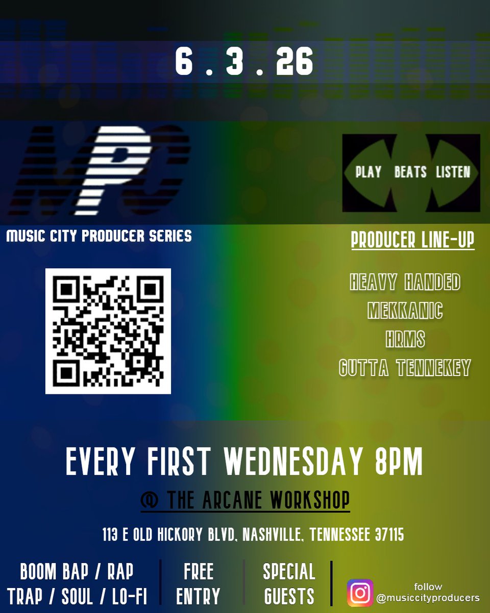 mpcseries615's tweet photo. It's about that time!

 Come thru @ArcaneShopTN and hear some of the best producers around the city!

Hosted by @m_slago

#musiccityproducerseries #nashville #hiphop #beatculture #hiphopculture https://t.co/IooCgjq3n9