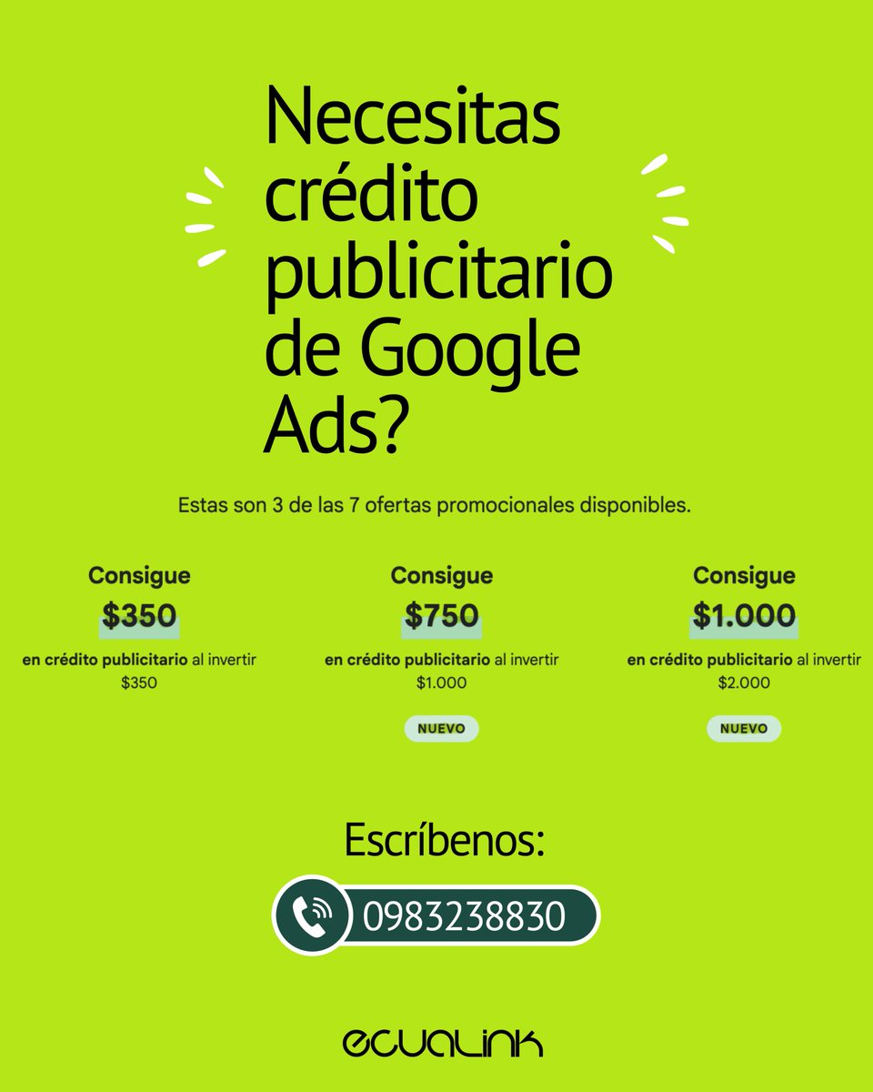 oswaldocheca's tweet photo. 🚀 Haz crecer tu negocio con crédito publicitario para Google Ads

¿Quieres atraer más clientes, generar más ventas y aumentar tu visibilidad en Google? Aprovecha nuestras promociones exclusivas de crédito publicitario.

📲 Escríbenos al 0983238830 https://t.co/5JDZH86xX7