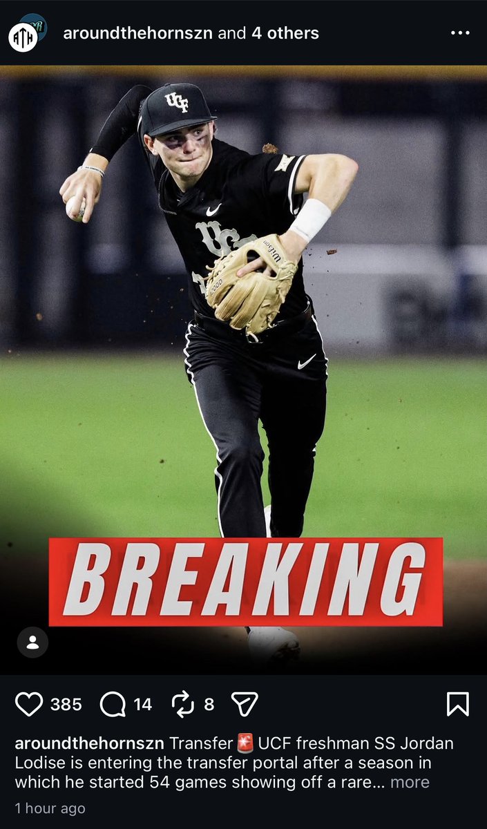 itsBrysonTurner's tweet photo. .@UCF_Baseball SS Jordan Lodise (@jordanlodi3e) is entering the transfer portal, according to an Instagram post he made with @_aroundthehorn_.

Lodise was named to the Big 12 All-Freshman Team this past season after slashing .243/.338/.400 and leading the team with 14 doubles. https://t.co/xvP2dA3YtR