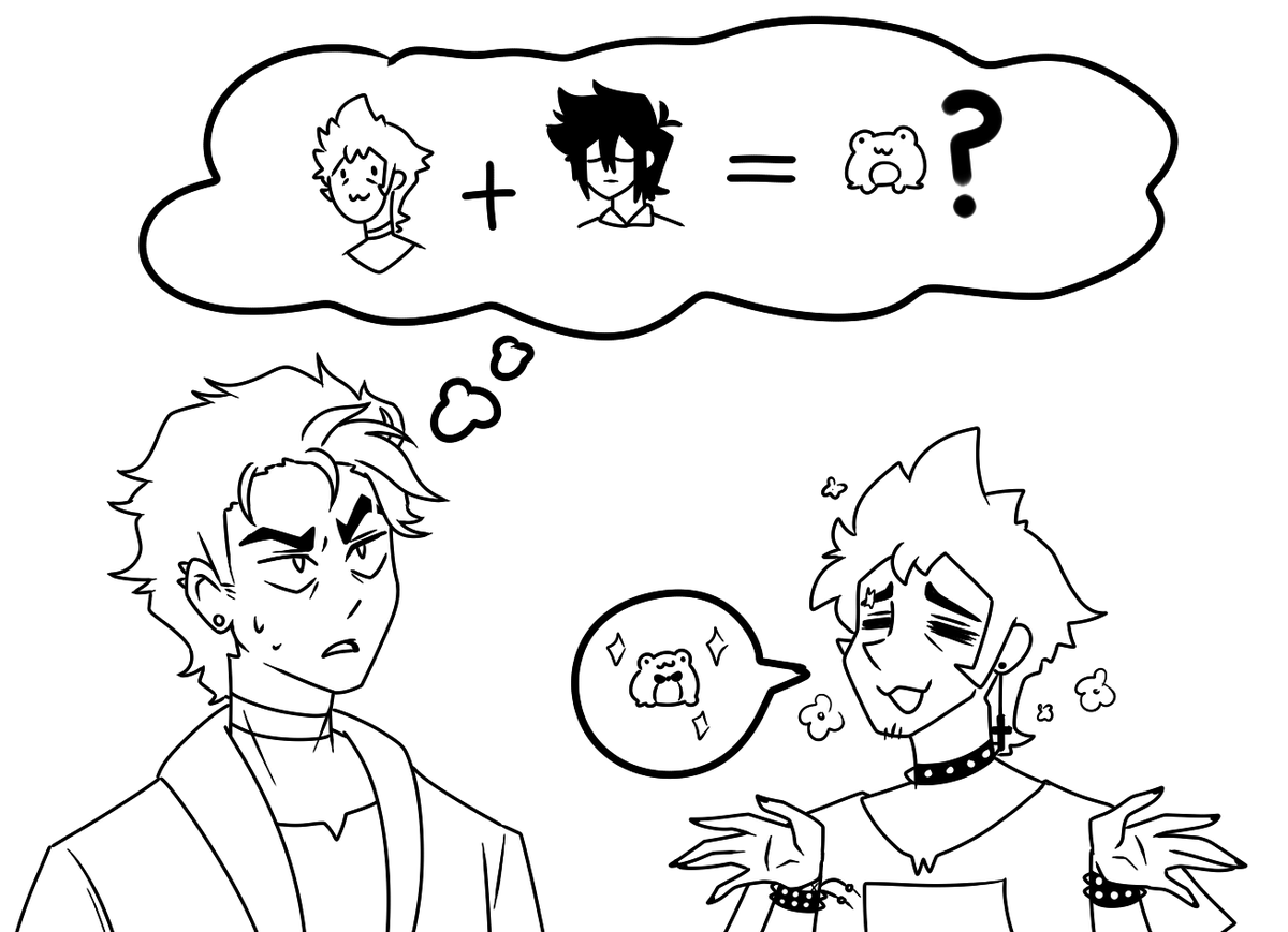 RemKoshmar's tweet photo. A doodle of my Adam AU variant Buddy explaining to @KaoticShiba 's Yellow how him and Emett had a frog son... poorly. xD https://t.co/EKydaqK9Xb