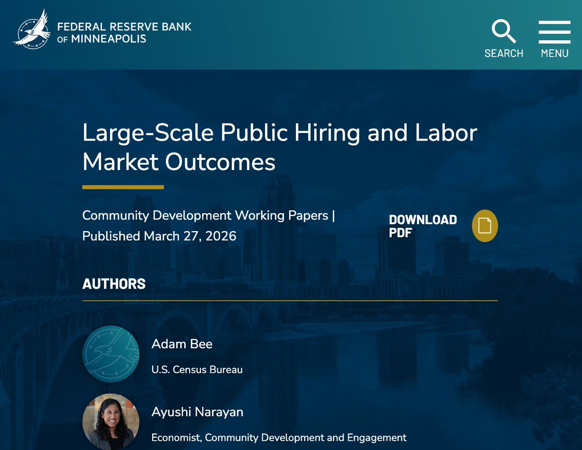 ptcherneva's tweet photo. A @MinneapolisFed study of 850,000+ Census hires in 2010 finds that  even temporary govt jobs can meaningfully affect labor market  trajectories, especially for those on the employment margins.

https://t.co/UswmtY1wkv https://t.co/F146Efi0oo