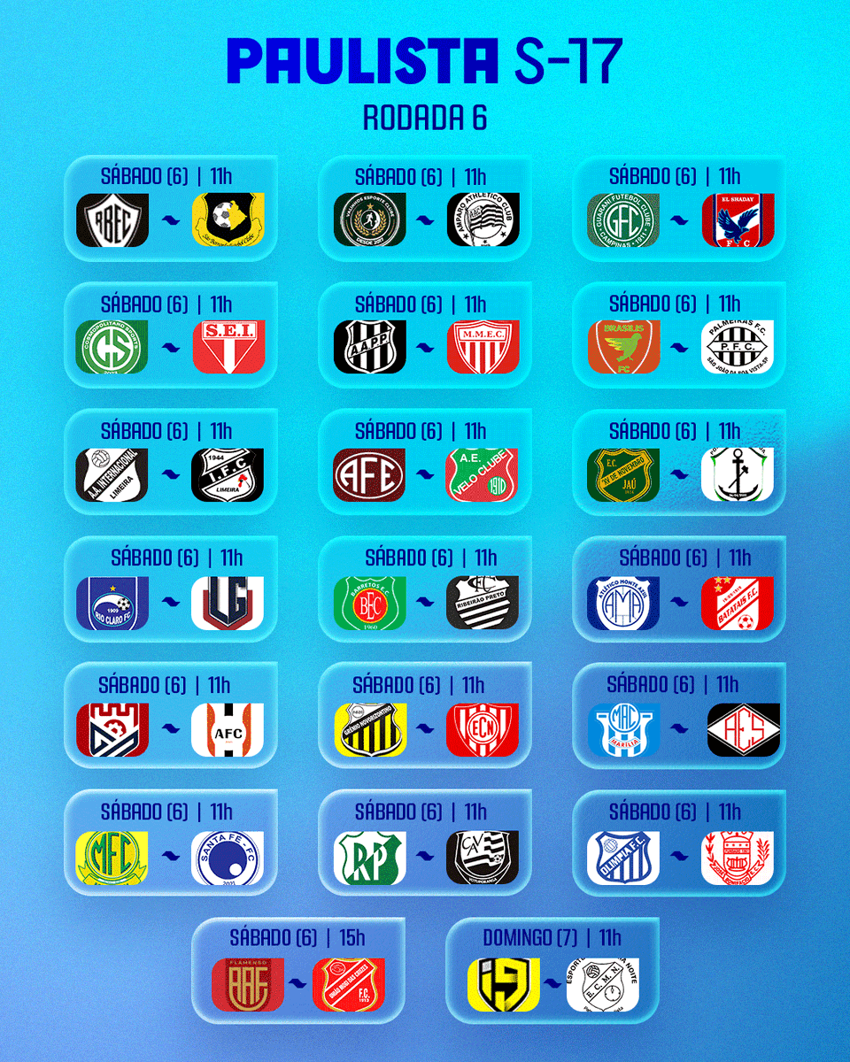 Copinha's tweet photo. CHEGOU MAIS UMA!
A sexta rodada do Paulista Sub-15 e Paulista Sub-17 chegou para animar o fim de semana 🤩
#PaulistaSub15 #PaulistaSub17 https://t.co/Rq2j3LbWJO