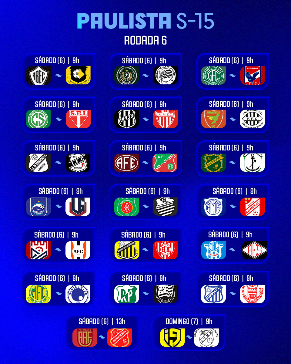 Copinha's tweet photo. CHEGOU MAIS UMA!
A sexta rodada do Paulista Sub-15 e Paulista Sub-17 chegou para animar o fim de semana 🤩
#PaulistaSub15 #PaulistaSub17 https://t.co/Rq2j3LbWJO