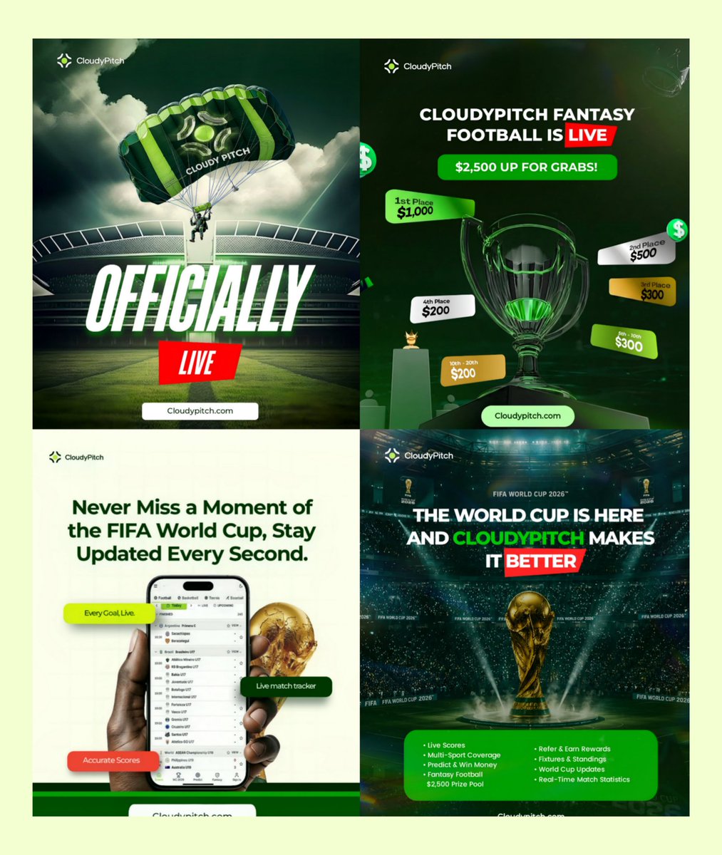Jeje_Nuel's tweet photo. Designed this brand identity and promotional creatives for CloudyPitch a sports platform built to keep fans connected with live scores, match predictions, fantasy football, and real-time sports updates.
Bringing the excitement of the game closer to every fan, one design at a time https://t.co/uCYhPpPq76