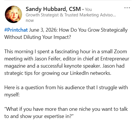 sandyhubbard's tweet photo. It's Wednesday ----> Time for #PrintChat! 

Today we're discussing strategic growth in networking. 

How do you show consistency and authority on social media if you are an expert in (or interested in) many areas? Does that diminish your impact?

Join us! https://t.co/3uEdi09QuF https://t.co/tENk61JGJC