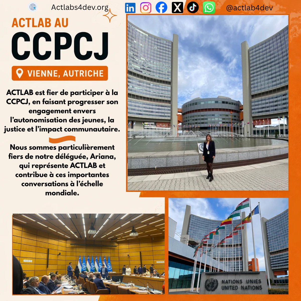 ActLab4Dev's tweet photo. ACTLAB is honoured to take part in the 35th CCPCJ Session at the UN in Vienna with our delegate Ms. Ariana Cecilia Peñaloza Jaimes 🇺🇳✨ She represents our work in global discussions on crime prevention and justice, and we’re proud to follow her journey this week. #ACTLAB #CCPCJ https://t.co/ZAFnj4Tji5