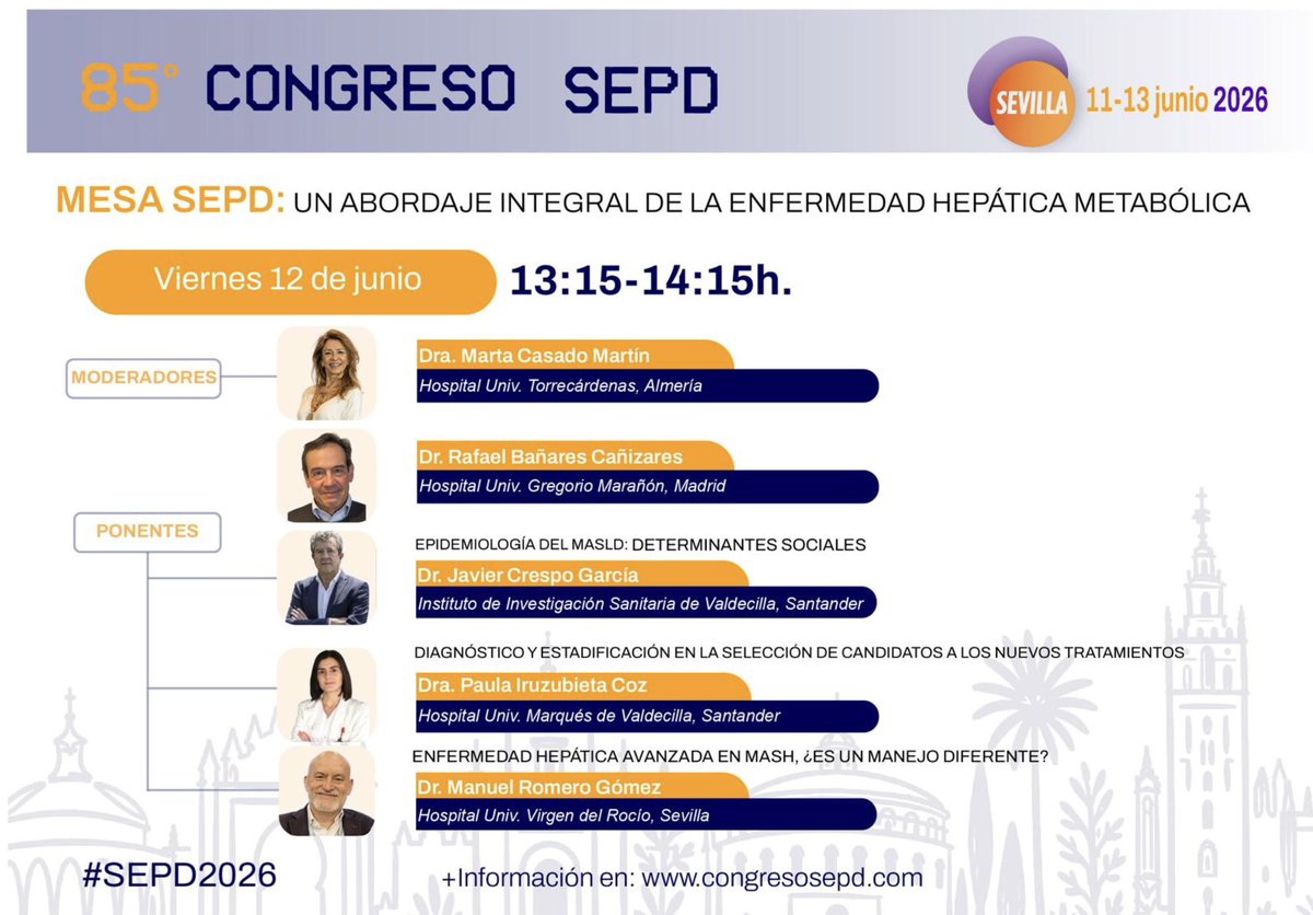 DrJavierCrespo's tweet photo. La próxima semana, congreso de la @sepdigestiva en Sevilla. Una oportunidad para todos los gastroenterólogos españoles para actualizarse, hacer nuevos contactos y, como no, fortalecer la amistad.
No os lo perdáis. #SEPD2026 @PIruzubieta @mromerogomez @CasadoMm https://t.co/izwa7LbJcg