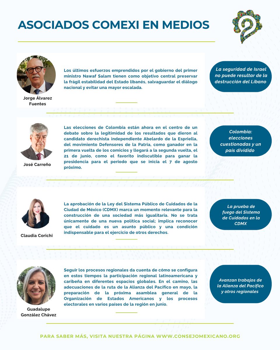 COMEXI's tweet photo. #COMEXIMembers analyze:
Israel and the crisis in Lebanon; elections and political divisions in Colombia; care systems and their challenges; the work of the Pacific Alliance and other regional initiatives; and the crisis of multilateralism.

➡️ https://t.co/0SeCTbBhMJ https://t.co/jqruMCZcBp