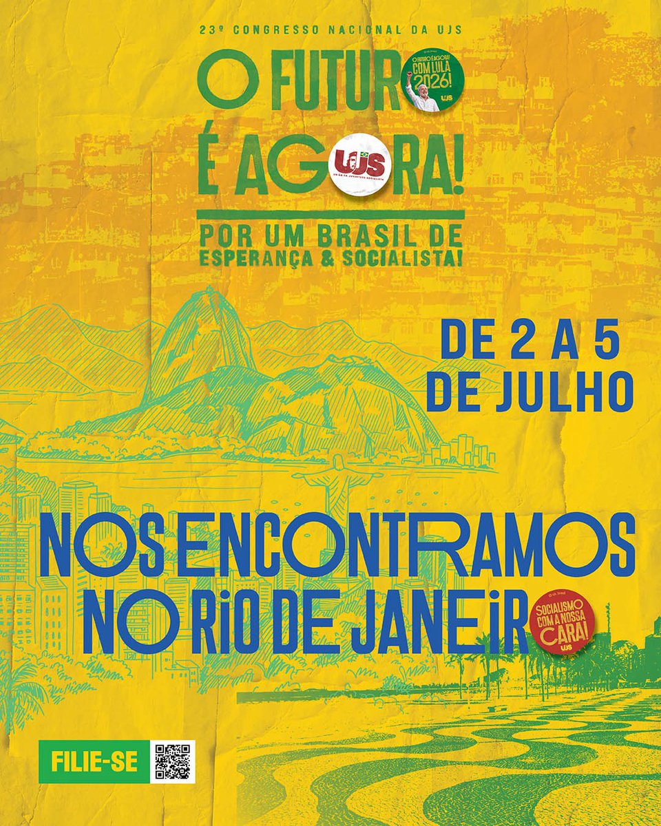 UJSBRASIL's tweet photo. O 23º Congresso Nacional da União da Juventude Socialista já tem data e local marcado. O Rio de Janeiro vai ser palco do maior encontro de juventude organizada do Brasil. E nós esperamos você lá! 

Vem construir um Brasil socialista e de esperança com a gente! https://t.co/MSSqejYad2