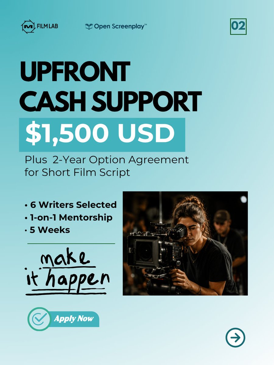 MFilmlab's tweet photo. M Film Lab Summer 2026 is selecting 6 emerging screenwriters for a global virtual lab featuring mentorship, screenplay development &amp; a live pitch session.

1 screenplay receives:
🎬 2-Year Option
🎬 $1,500 Fee
🎬 Up to $50K Production Support
Apply now: https://t.co/jKOIaCd2Ym+ https://t.co/W0GMwNVQh2
