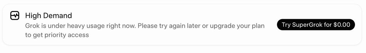 Red83164277's tweet photo. FYI, no #Grok is not in "High Demand", logged in with my alter ego and worked fine. They're just trying to get you to be on a subscription, making the company look more valuable than it actually is. #SubscriptionModel #FreeTrial https://t.co/Bam2SnjZzi