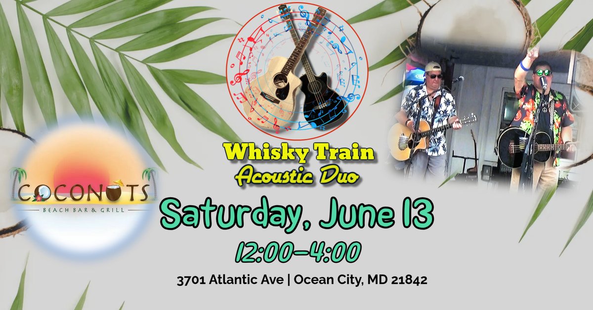 WhiskyTrain's tweet photo. SATURDAY, JUNE 13
COCONUTS BEACH BAR
12:00–4:00

Ah, yes—our most favorite road trip of the year is always to Ocean City MD, where we have the privilege of playing on the beach stage at Coconuts Beach Bar.  Come join us for an early lunchtime show beginning at noon! https://t.co/j6vULQmuLn