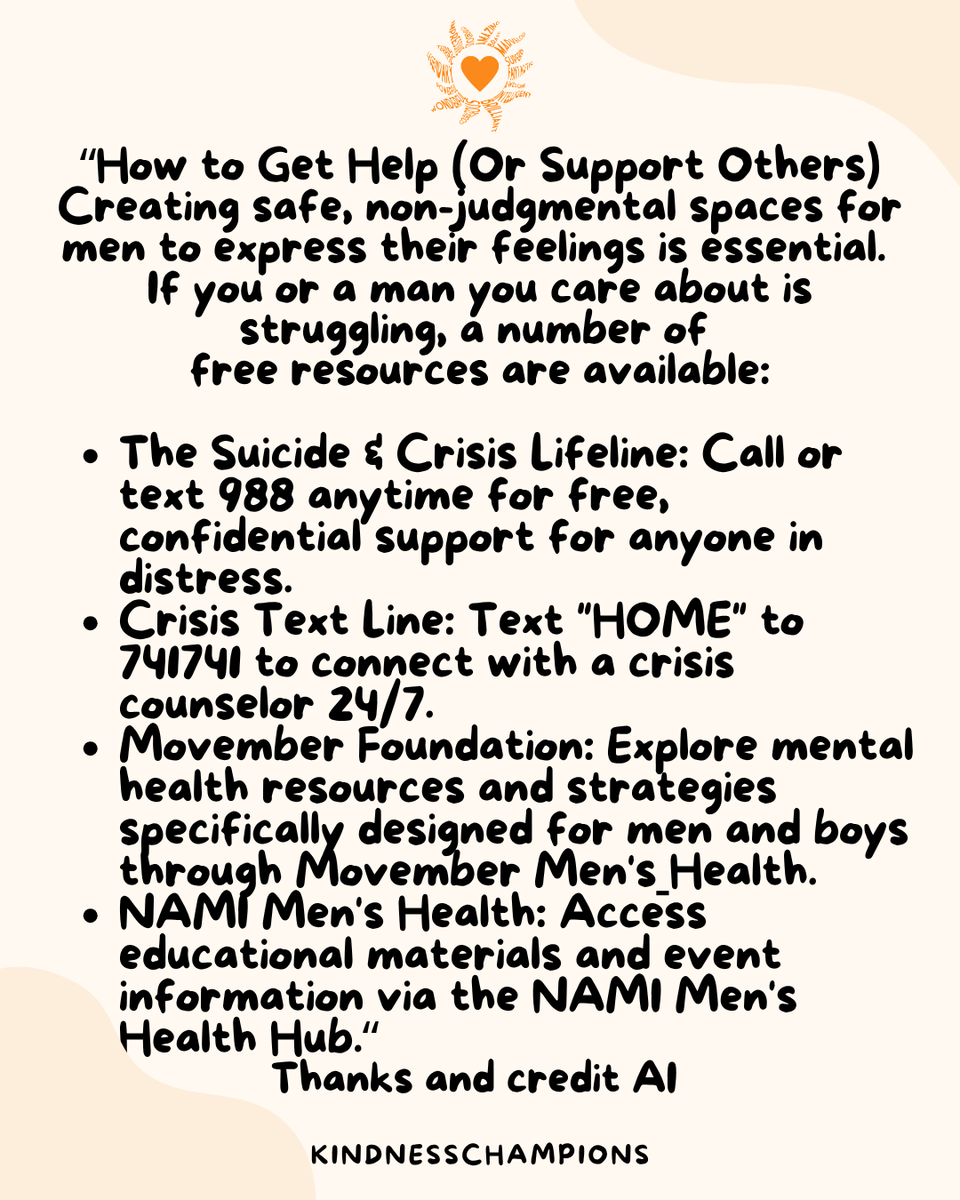 KindnessChamps's tweet photo. "Strong men also cry. Strong men also need help." Terry Crews

Hey grand people🥰

June is Men's Mental Health Awareness month to "break the stigma surrounding male emotional well-being and encourage help-seeking behavior."🌟

Thanks AI😊
#men #mentalhealth #mensmentalhealth❤️ https://t.co/oQp5X9cd3D