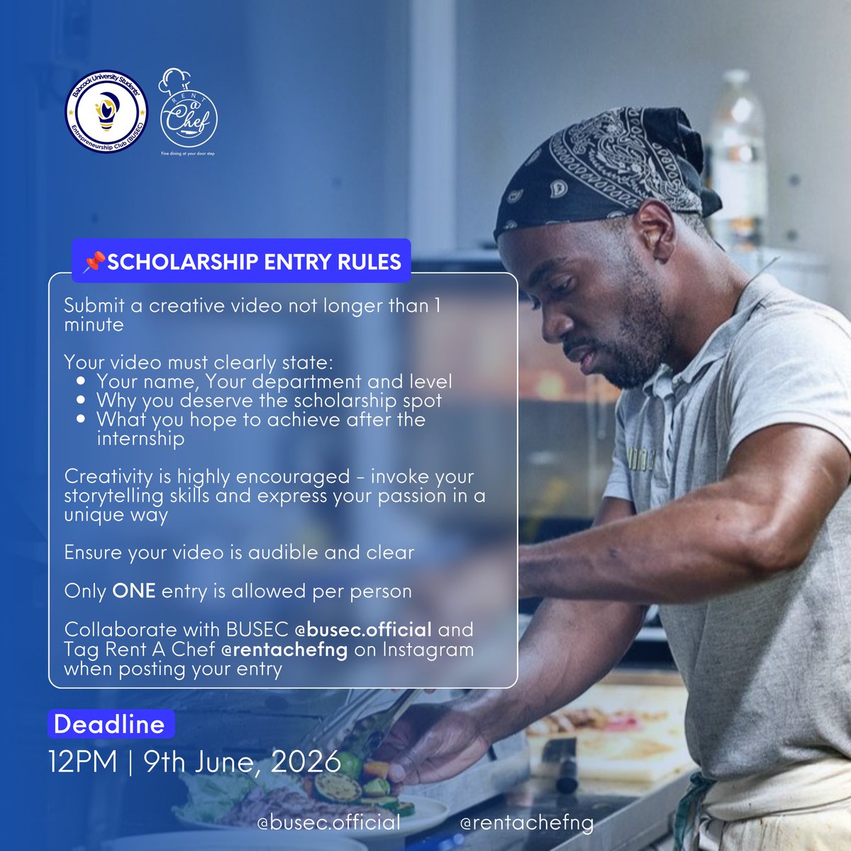 busecofficial's tweet photo. Apply now for the BUSEC x Rent A Chef Culinary scholarship opportunity. Submit a clear, creative 1‑minute video showcasing your passion and goals. Remember to collaborate with BUSEC and tag Rent A Chef on Instagram. Entries close at 12PM, June 9th, 2026. https://t.co/Qn496joyyF